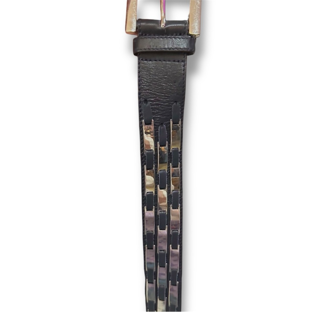 Vintage Escada Black Leather Mirrored Belt Size 42 Rockstar West Germany Made